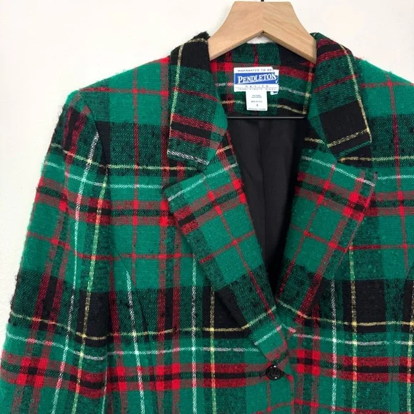 VTG Pendleton Wool Tartan Plaid Blazer Green Red Size 4 Petite - Picture 2 of 8